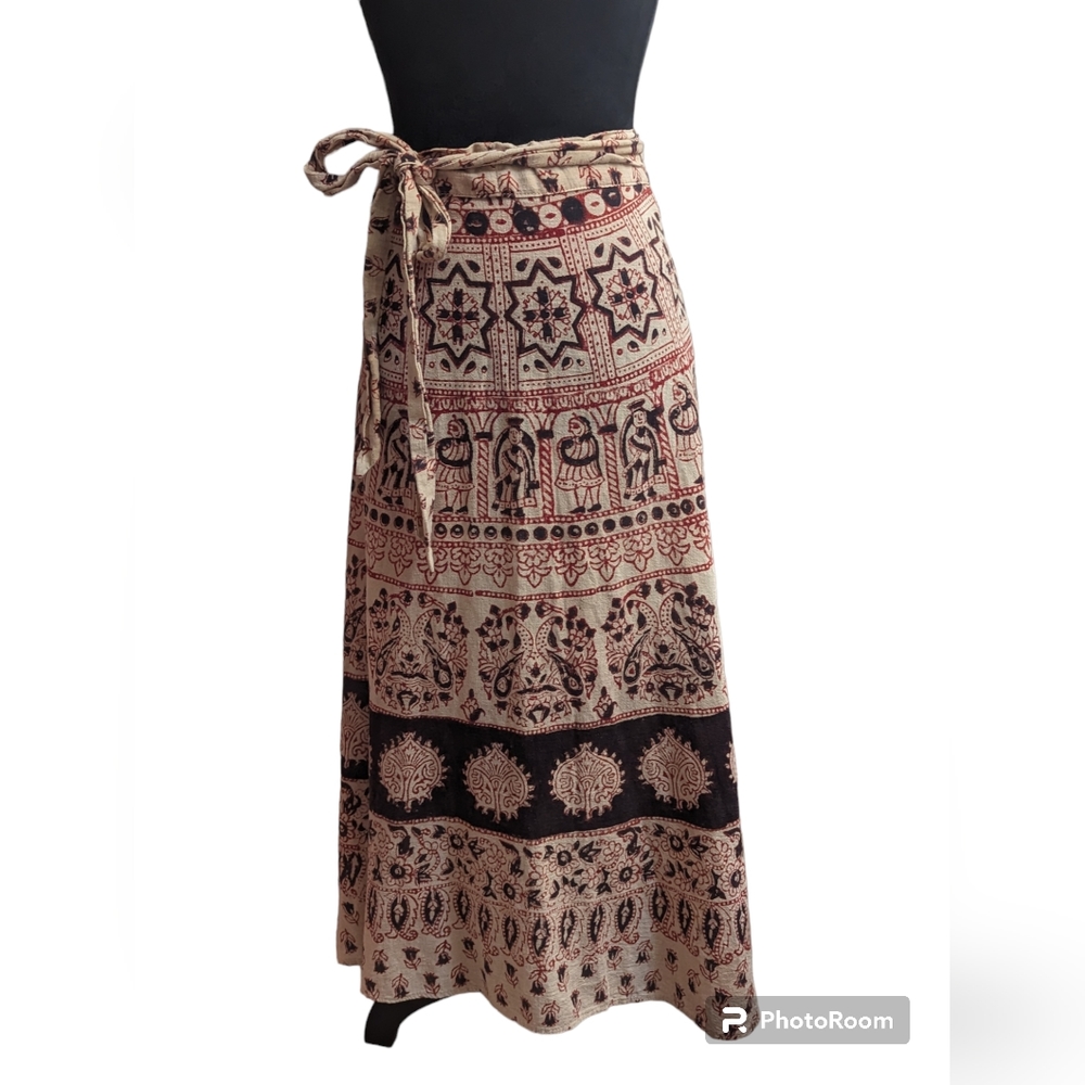 70s Tan Black And Red Tapestry Wrap Skirt